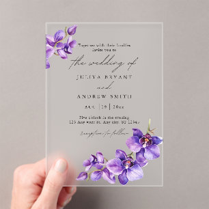 Invitations En Acrylique Orchidée violette en mariage de script blanc