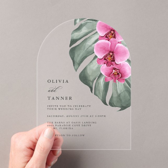 Invitations En Acrylique Orchidées roses chaudes Monstera Mariage floral tr (In situ (ordinateur de poche))