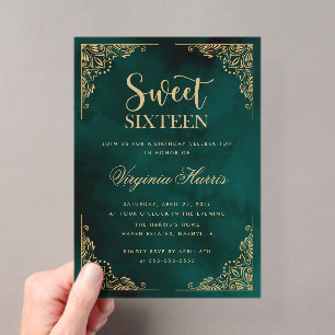 Invitations En Acrylique Ornate or Bordure verte Sweet sixteen 16 Anniversa