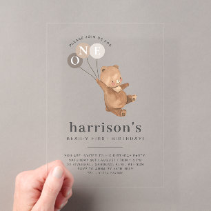 Invitations En Acrylique Ours avec 3 ballons Brown 1er anniversaire