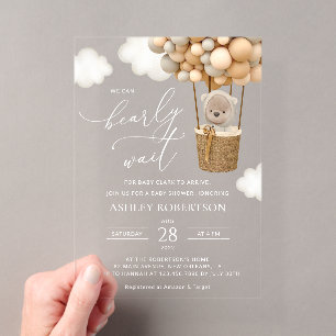 Invitations En Acrylique Ours, Ballons Beige, Montgolfière, Baby Shower
