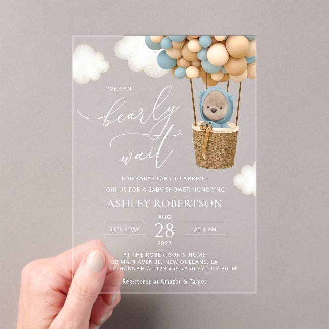 Invitations En Acrylique Ours, Ballons Bleus, Ballons à Air Chaud, Baby sho (In situ (ordinateur de poche))