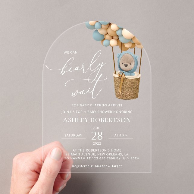 Invitations En Acrylique Ours, Ballons Bleus, Ballons à Air Chaud, Baby sho (In situ (ordinateur de poche))