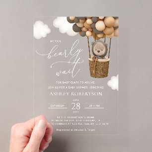 Invitations En Acrylique Ours, Ballons Brown, Ballons à air chaud, Baby sho