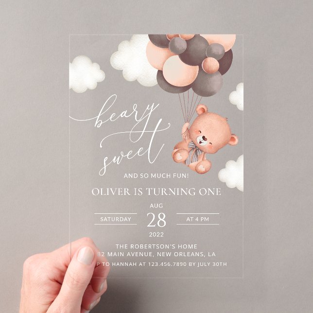 Invitations En Acrylique Ours, Ballons Brown, Premier Anniversaire (In situ (ordinateur de poche))
