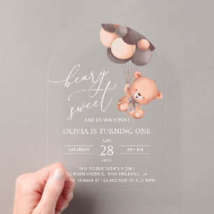 Invitations En Acrylique Ours, Ballons Brown, Premier Anniversaire