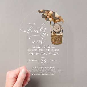 Invitations En Acrylique Ours, Ballons Marrons, Montgolfière, Baby Shower