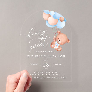 Invitations En Acrylique Ours Bébé, Ballons Bleus, Premier anniversaire