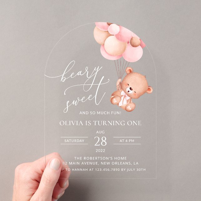 Invitations En Acrylique Ours De Bébé, Ballons Roses, Premier Anniversaire (In situ (ordinateur de poche))