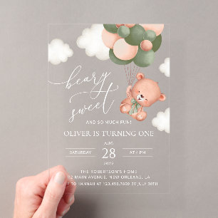 Invitations En Acrylique Ours de bébé, Ballons verts, Premier anniversaire