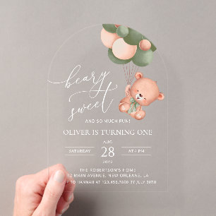 Invitations En Acrylique Ours de bébé, Ballons verts, Premier anniversaire