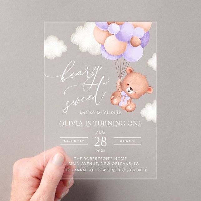 Invitations En Acrylique Ours De Bébé, Ballons Violets, Premier Anniversair (In situ (ordinateur de poche))