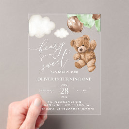 Invitations En Acrylique Ours En Conflit, Ballons Verts, Premier Anniversai