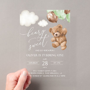 Invitations En Acrylique Ours En Conflit, Ballons Verts, Premier Anniversai