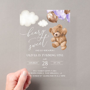 Invitations En Acrylique Ours En Jeu, Ballons Violets, Premier Anniversaire
