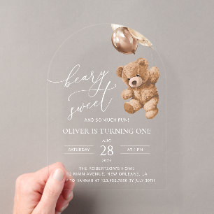Invitations En Acrylique Ours En Joue, Ballons Brown, Premier Anniversaire