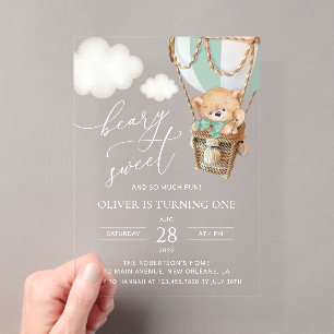 Invitations En Acrylique Ours en peluche, Ballon à air chaud vert, premier 