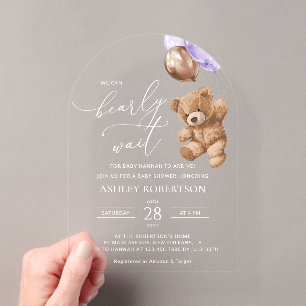 Invitations En Acrylique ours en peluche, ours bébé, ballon violet, Baby sh