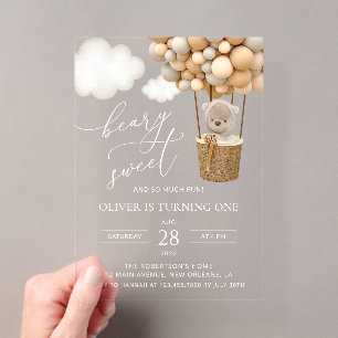 Invitations En Acrylique Ours mignon, Ballons Beiges, Premier Anniversaire