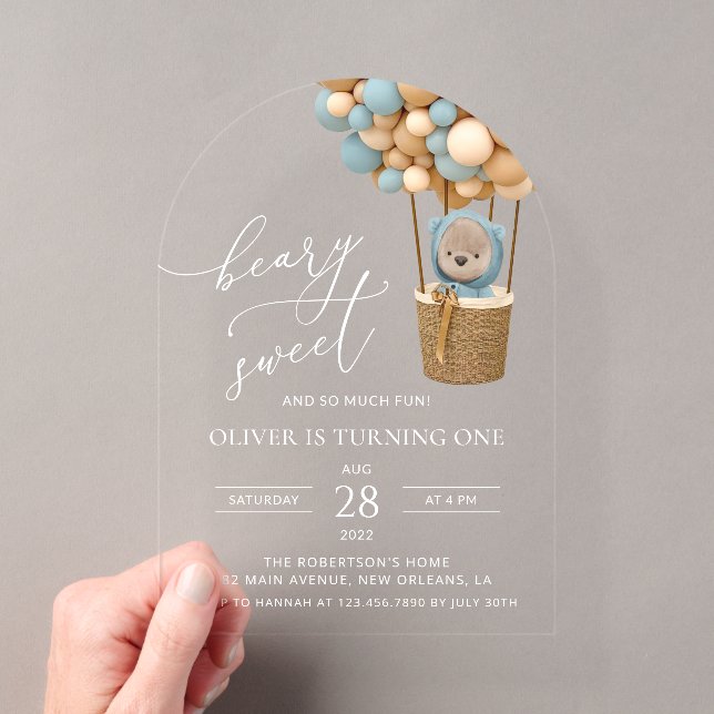 Invitations En Acrylique Ours mignon, Ballons Bleus, Premier Anniversaire (In situ (ordinateur de poche))