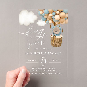 Invitations En Acrylique Ours mignon, Ballons Bleus, Premier Anniversaire