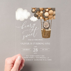 Invitations En Acrylique Ours mignon, Ballons Brown, Premier anniversaire
