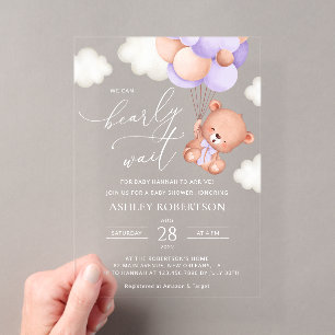 Invitations En Acrylique Ours, Ours mignon, Ballons pourpres, Baby shower
