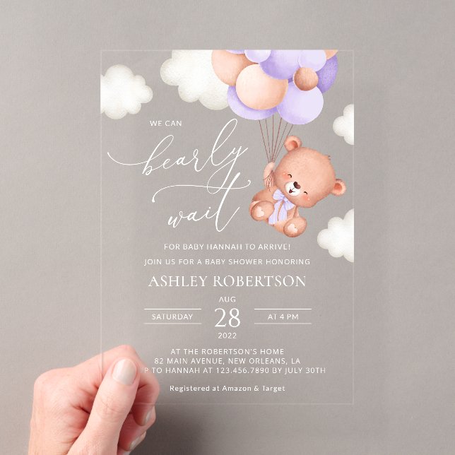 Invitations En Acrylique Ours, Ours mignon, Ballons pourpres, Baby shower (In situ (ordinateur de poche))