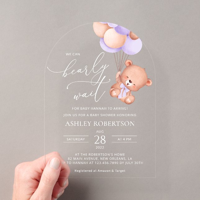 Invitations En Acrylique Ours, Ours mignon, Ballons pourpres, Baby shower (In situ (ordinateur de poche))