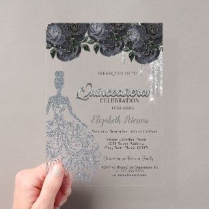 Invitations En Acrylique Paillettes Argent Gouttes Roses Noires Sweet 16