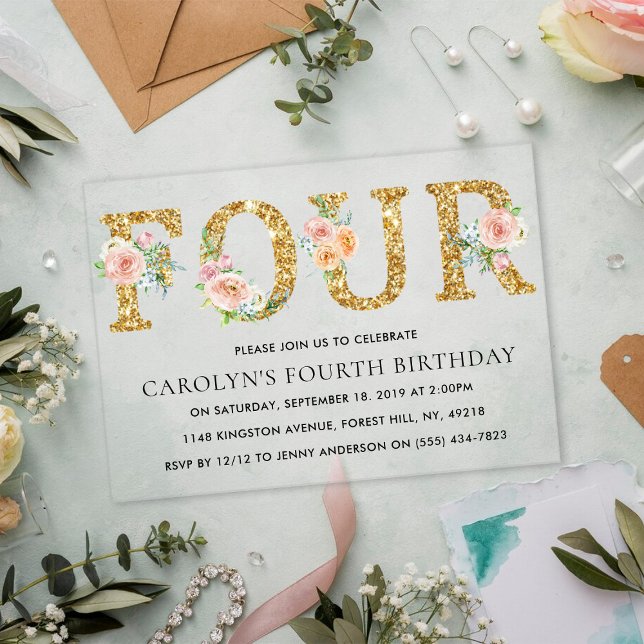 Invitations En Acrylique Paillettes dorées florales élégantes pour le 4e an (Créateur téléchargé)