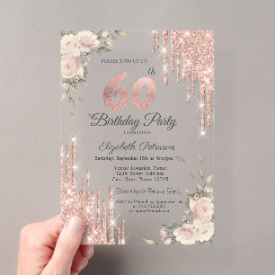 Invitations En Acrylique Paillettes Élégantes qui Coulent, Fleurs Rose Doré