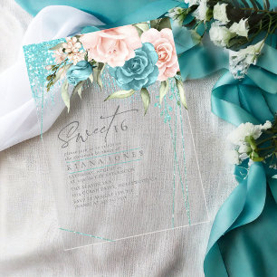 Invitations En Acrylique Paillettes Florales Douze Ans Turquoise ID912