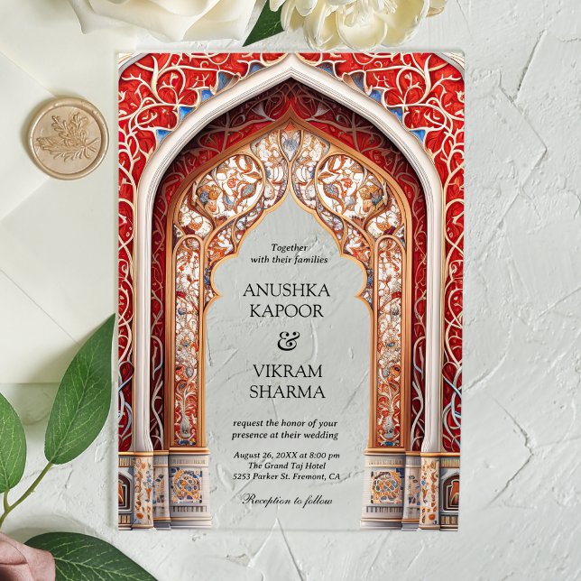 Invitations En Acrylique Palais royal Mariage indien Red Arch (Créateur téléchargé)