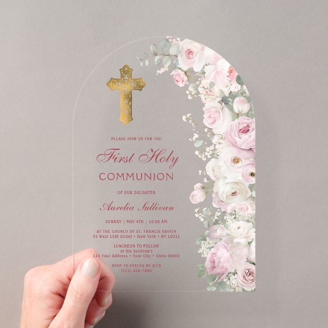 Invitations En Acrylique Pale Pink Flowers Arch First Communion Clear (In situ (ordinateur de poche))