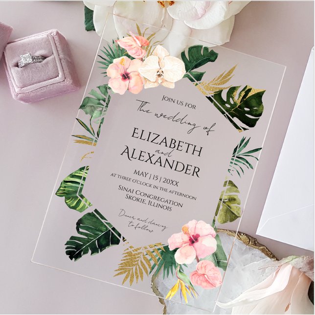 Invitations En Acrylique Palm Feuille Hibiscus Mariage de verdure tropicale (Créateur téléchargé)