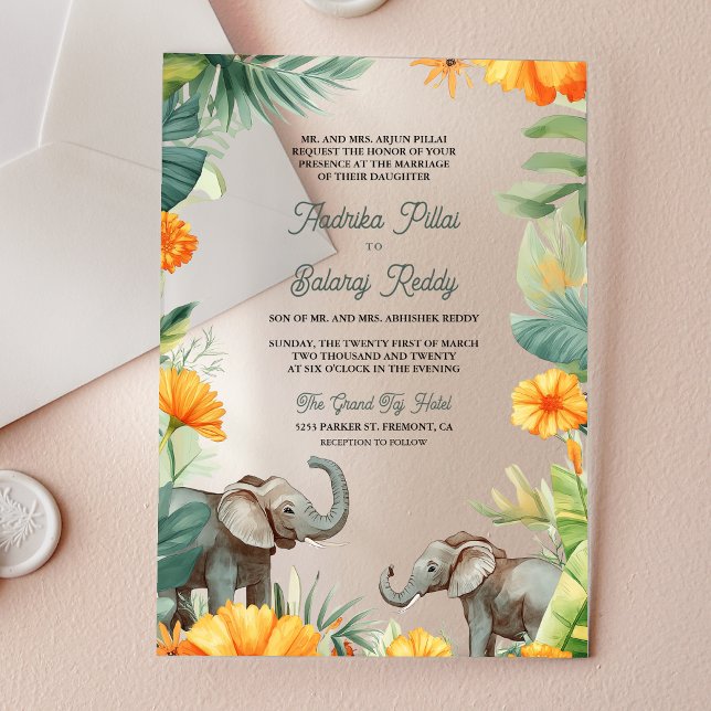 Invitations En Acrylique Palm Leaves Marigold Elephant South Indian Wedding (Créateur téléchargé)