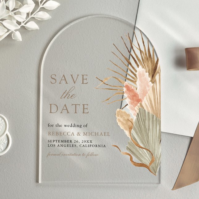 Invitations En Acrylique Palm Séché Pampas Mariage Taupe Enregistrer la dat (Créateur téléchargé)