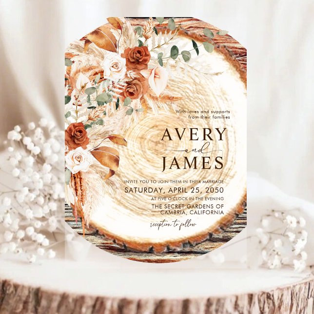 Invitations En Acrylique Pampas Boho Acrylic Wood Ring Wedding Invite  (Créateur téléchargé)