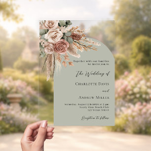 Invitations En Acrylique Pampas rose beige sauge arche verte clair mariage