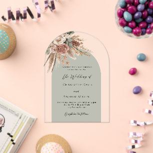 Invitations En Acrylique Pampas rose verte sage carré mariage clair