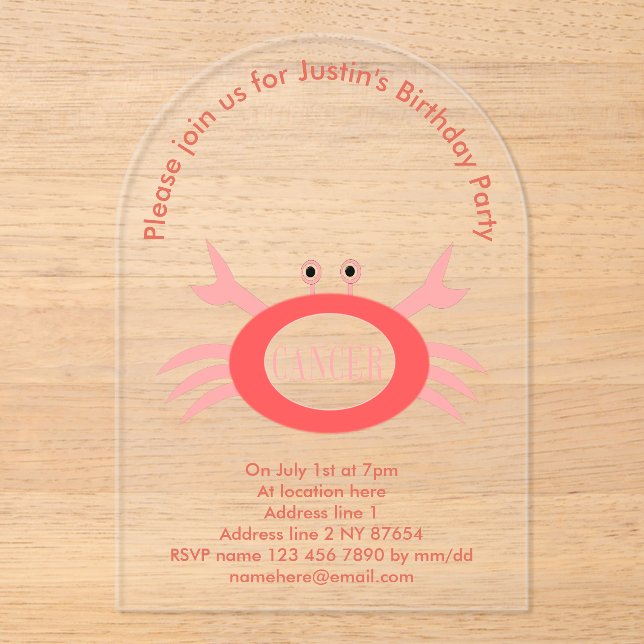 Invitations En Acrylique Panneau étoile Cancer Crabe fête d'anniversaire pe (Recto)