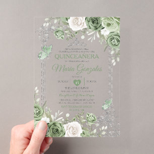Invitations En Acrylique Papillon de la couronne verte Silver Quinceañera