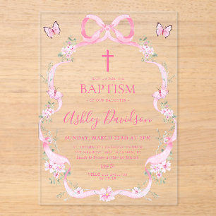 Invitations En Acrylique Papillon Fleur Sauvage Ruban Rose Baptême