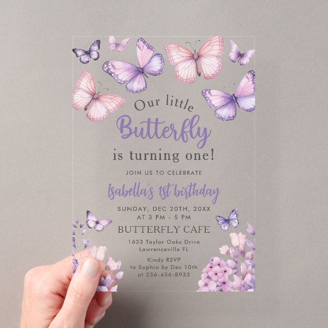 Invitations En Acrylique Papillon floral rose pourpre fille 1er anniversair (In situ (ordinateur de poche))
