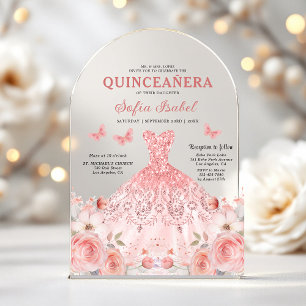 Invitations En Acrylique Papillon floral rose rose pâle Quinceañera