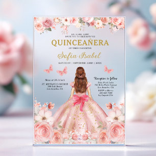 Invitations En Acrylique Papillon floral rose rose pâle Quinceañera