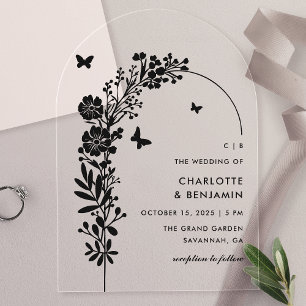 Invitations En Acrylique Papillon Noir Élégant Mariage Botanique
