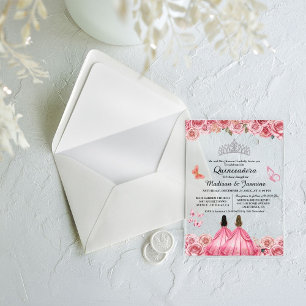 Invitations En Acrylique Papillon rose Royal Floral Twin Quinceanera