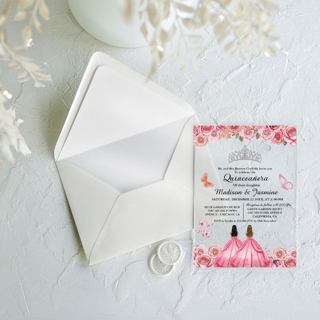 Invitations En Acrylique Papillon rose Royal Floral Twin Quinceanera (Créateur téléchargé)
